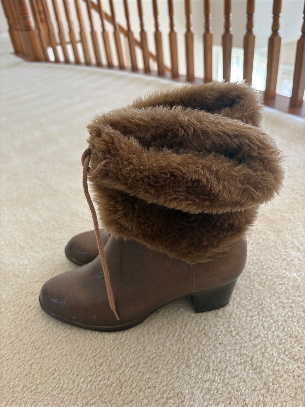 Brown Faux-Fur Cuffed Heeled Ankle Boots